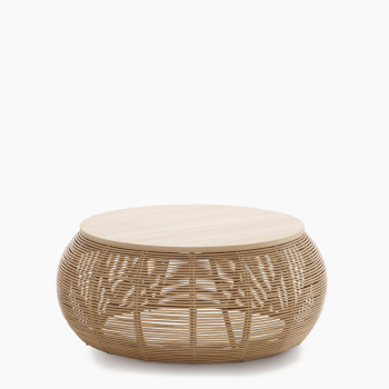 Table basse Vincent Sheppard Vivi en rotin naturel avec plateau rond en bois et design tissé ouvert