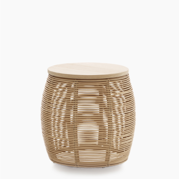 Vincent Sheppard Vivi side table in natural rattan with a round wooden top and open-weave design