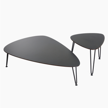 et of Vincent Sheppard Rozy tables in black with triangular tops and slender metal legs