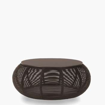 Vincent Sheppard Ivo coffee table in black with a round top and an open-weave, basket-like design.