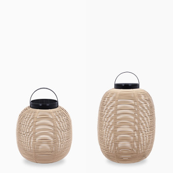 Pair of Vincent Sheppard Tika lanterns in camel colour, featuring a woven design with black handles and round shapes in different sizes.