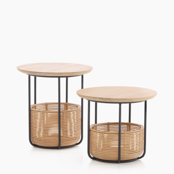  Vincent Sheppard basket tables in natural/black with round wooden tops and wicker storage baskets enclosed in black metal frames.