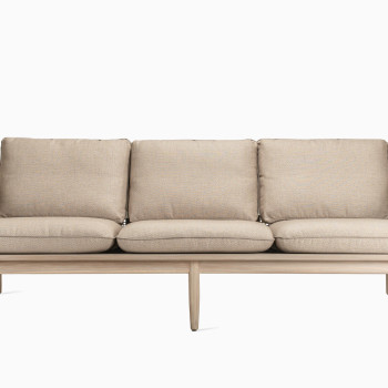 Vincent Sheppard David lounge sofa 3-seater with an aged teak frame and greige rope accents, featuring plush almond-coloured cushions.