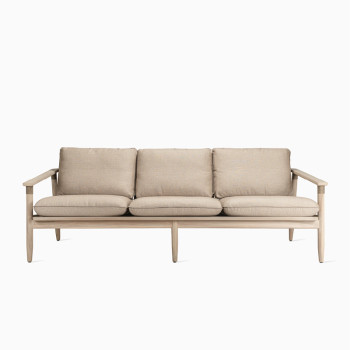 Vincent Sheppard David lounge sofa 3-seater with an aged teak frame and greige rope accents, featuring plush almond-coloured cushions.