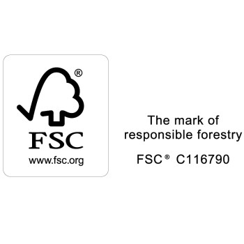 FSC-Logo mit stilisiertem Baum und Häkchen, daneben der Text „Das Zeichen verantwortungsvoller Forstwirtschaft“