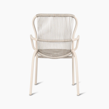 Back view of the Loop dining chair by Vincent Sheppard in Dune white, showing the woven backrest and curved armrests.