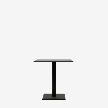 Quadro bistro table by Vincent Sheppard featuring a square black HPL top and a black metal pedestal base designed for indoor use.