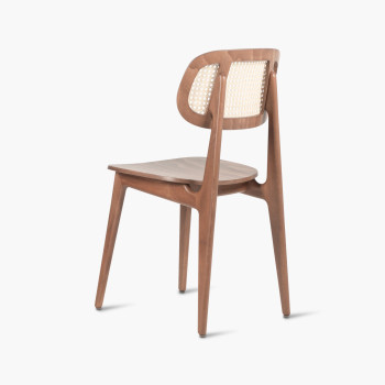 Titus dining chair in tobacco-stained beech wood with a plywood seat, shown from a 135-degree angle.