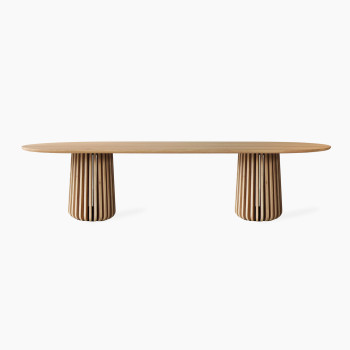 Vincent Sheppard Maru oval dining table with a wooden top and slatted wooden base, featuring a contemporary design.