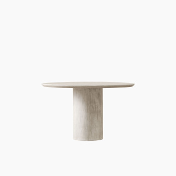 Ari round dining table in lunar white with a cylindrical base and smooth, minimalist design. 