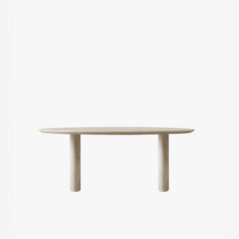  Table à manger Ari Ellipse en lunar white avec un plateau ovale allongé et des pieds cylindriques, au design épuré et minimaliste.