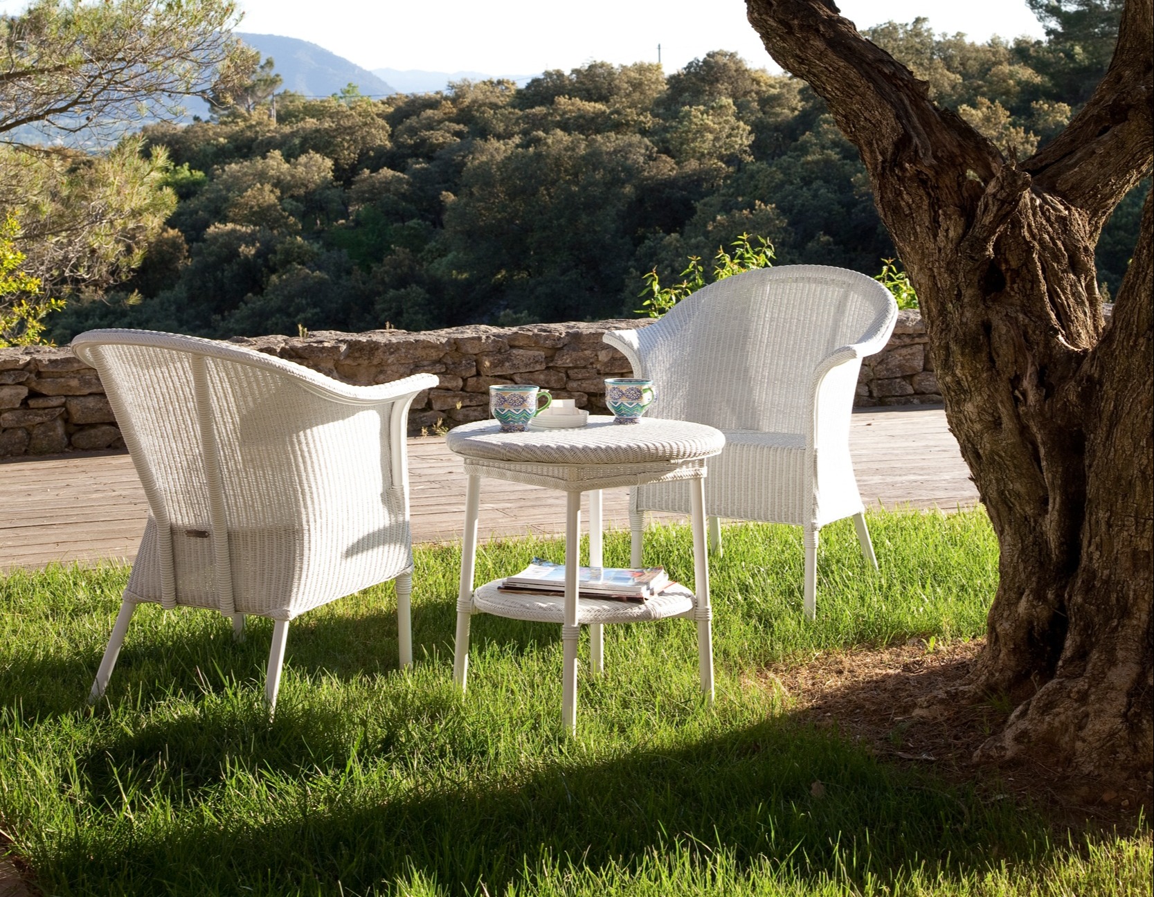 Outdoor seating area with two white Vincent Sheppard Monte Carlo dining chairs and a small table under an olive tree, overlooking a scenic forest.