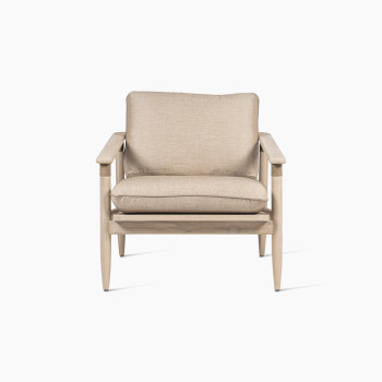 Front view of the David lounge chair with cushion, featuring a natural wooden frame and thick beige cushions for comfort.