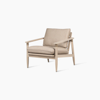 David lounge chair with cushion, viewed at a 45-degree angle, featuring a natural wooden frame and thick beige cushions for added comfort.