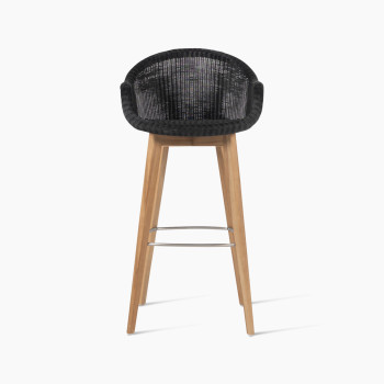 Edgard barstool with a teak base and black Paper Loom wicker seat by Vincent Sheppard, front view.