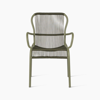 Front view of the Loop dining chair in Moss colour by Vincent Sheppard, featuring a curved metal frame with tightly woven rope for the seat and backrest