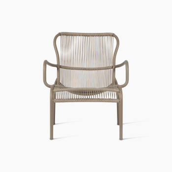 Front view of the Loop lounge chair in taupe colour by Vincent Sheppard, featuring a curved metal frame with tightly woven synthetic rope for the seat and backrest, offering a modern and minimalist design.