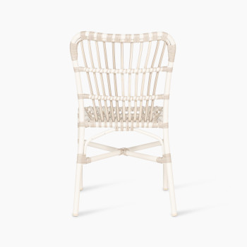 Back view of the Lucy dining chair by Vincent Sheppard, made of synthetic wicker in off-white colour with a woven design and no cushion.