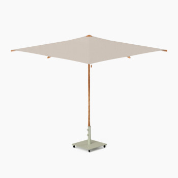 Square 250 Florence parasol by Vincent Sheppard, featuring a wooden pole, light-colored canopy, and a sturdy metal base with wheels.