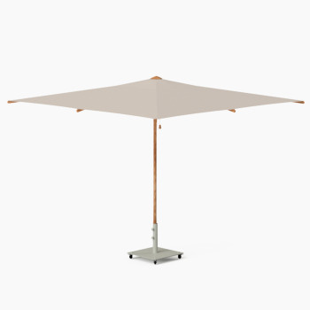 Square 350 Florence parasol by Vincent Sheppard, featuring a wooden pole, light-colored canopy, and a sturdy metal base with wheels.