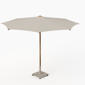 Circular Florence parasol by Vincent Sheppard, featuring a light-coloured round canopy, wooden pole, and sturdy metal base with wheels.