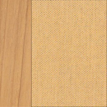 Close-up of a colour palette featuring natural teak wood on the left and amber woven fabric on the right.