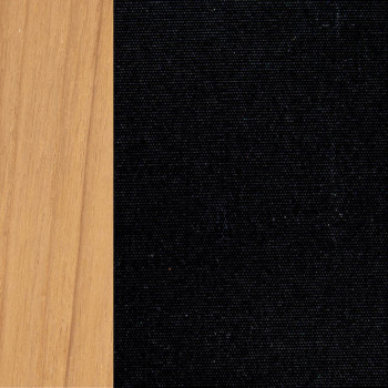 Close-up of a colour palette featuring natural teak wood on the left and black woven fabric on the right.