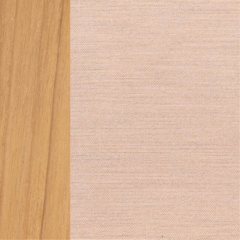 Close-up of a colour palette featuring natural teak wood on the left and blush pink woven fabric on the right.