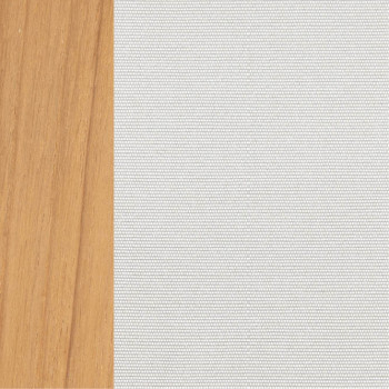 Close-up of a colour palette featuring natural teak wood on the left and light canvas-coloured woven fabric on the right.