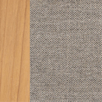 Close-up of a colour palette featuring natural teak wood on the left and carbon beige woven fabric on the right.