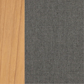 Close-up of a colour palette featuring natural teak wood on the left and dark smoke grey woven fabric on the right.