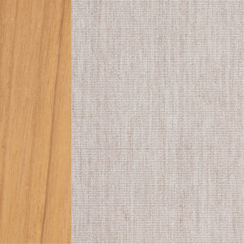 Close-up of a colour palette featuring natural teak wood on the left and linen-textured fabric in a soft beige tone on the right.