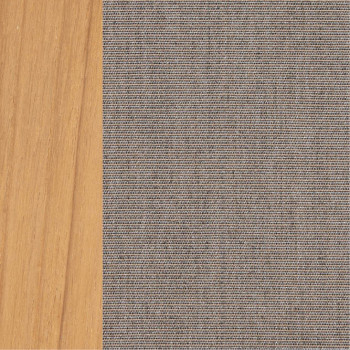 Close-up of a colour palette featuring natural teak wood on the left and London stone-coloured woven fabric in a soft grey-brown tone on the right.