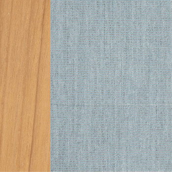 Close-up of a colour palette featuring natural teak wood on the left and mineral blue woven fabric on the right.