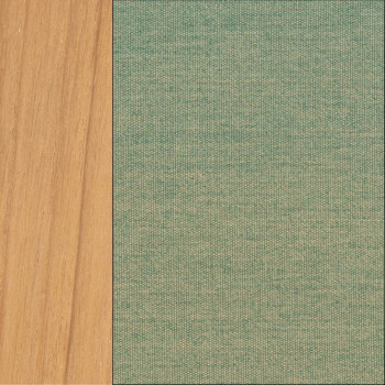 Close-up of a colour palette featuring natural teak wood on the left and olive green woven fabric on the right.