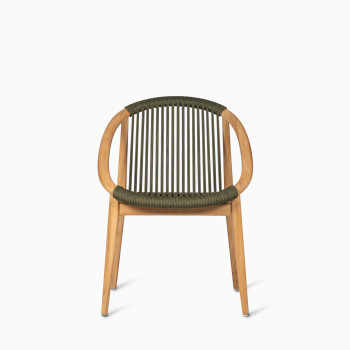 Frida dining chair by Vincent Sheppard, featuring a dark green rope seat and backrest with an untreated teak wood frame, front view.