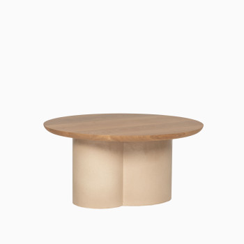 Arvin coffee table by Vincent Sheppard with a natural oak top and a ceramic base in a mushroom colour.