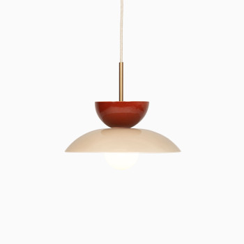 Arvin pendant lamp with ceramic elements in maroon and mushroom colours, featuring a sleek, curved design.