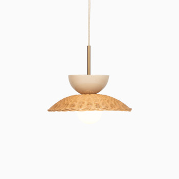 Arvin pendant lamp by Vincent Sheppard featuring hand-shaped ceramic in mushroom colour and a woven rattan shade.