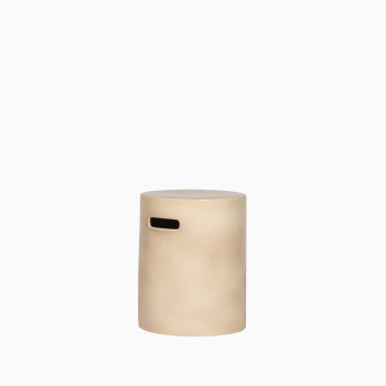 Arvin stool from Vincent Sheppard in mushroom colour, featuring a smooth ceramic finish and a sleek cylindrical design. Can be used as a plant stand, side table, or additional seat.