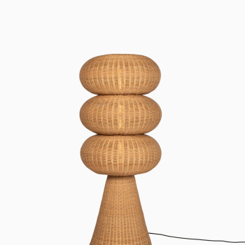 Vincent Sheppard Bill floor lamp with a woven natural rattan design, featuring three stacked rounded shapes on a conical base.