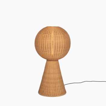 Bob rattan floor lamp with a woven natural rattan design, featuring a round top and conical base.