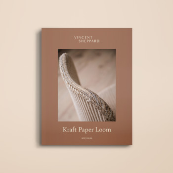 Vincent Sheppard's "Kraft Paper Loom" 2025-2026 catalog featuring a close-up of a woven chair on a warm beige background.